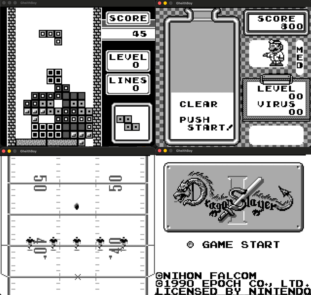 GheithBoy emulator demo screen showing a Game Boy game running
